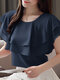 Blusa feminina em camadas Design com gola redonda sólida casual - Azul escuro