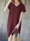 Solid Pocket Slit Hem V-neck Short Sleeve Vintage Dress - Wine Red