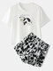 Women Cow Print Pajamas Short Set O-Neck Comfy Summer Sleepwear - White
