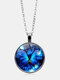 Vintage Blue Butterfly Women Necklace Alloy Glass Printing Pendant Sweater Chain - Silver