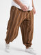 Plus Size Mens 100% Cotton Striped Print Casual Elastic Mid Waist Jogger Pants - Khaki