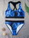 Women Tropical Leaf Print Criss Cross Back Wide Straps Bikinis Surfing Swimwear - Dark Blue