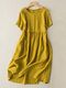Solid Ruched Round Neck Short Sleeve Casual Cotton Midi Dress - Yellow and Green