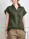 Solid V Neck Roll Short Sleeve Casual Cotton Blouse - Army Green