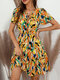 Abstract Painted Tie Front Ruffle Short Sleeve V-neck Print Dress - Yellow