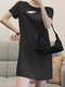 Solid Short Sleeve Hollow Crew Neck Casual Dress - Black