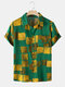 Mens Holiday Color Block Lapel Regular Hem Short Sleeve Shirt - Green