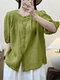 Feminino liso plissado botão frontal casual meia manga Camisa - Verde