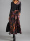 Ethnic Print Patchwork Long Sleeve Vintage Maxi Dress For Women - Black