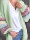 Multi-color Striped Knitted Long Sleeve Plus Size Cardigan - Green