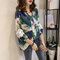 Hook flower openwork lace stitching printed loose long-sleeved shirt - Green