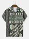 Camisas masculinas vintage floral com estampa geográfica de acampamento de acampamento soltas manga curta - Verde