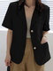 Solid Pocket Button Front Short Sleeve Lapel Casual Blazer - Black