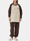 Women Plush Letter Embroidered Contrast Patchwork Warm Cozy Pajamas Sets - Coffee