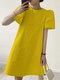 Puff Sleeve Casual Solid Crew Neck Women Dress - Yellow