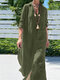 Einfarbig Geschlitzter Saum Taschenrevers Langarm Vintage Kleid - Dunkelgrün