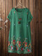 Ethnic Floral Embroidery Plus Size Linen Beaches Dress with Pocket - Green