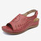 LOSTISY Peep Toe Pattern Hook Loop Casual Wedges Slingback Sandals - Red