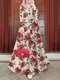 Women Rose Print Tiered Design Muslim Long Sleeve Maxi Dress - Apricot