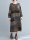 Striped Print Pocket O-neck Long Sleeve Casual Dress for Women - Coffee