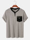 Mens Contrast V-Neck Stitching Chest Pocket Cotton Short Sleeve T-Shirts - Khaki