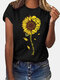 Sunflower Skull Print Short Sleeve T-shirt For Women - Black