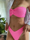 Women Solid Color Pleats Bowknot Ribbed Sexy Breathable Soft Bikinis Swimsuits - Pink