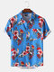 Mens Tropical Flower & Parrot Floral Printed Short Sleeve Shirt - Blue