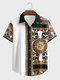 Mens Ethnic Totem Print Patchwork Button Up Short Sleeve Shirts - White
