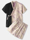 Mens Cotton Contrast Color Floral Print Lace-Up Cotton Two-Piece Sauna Bathwear Home Pajamas - Black