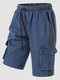 Men Denim Side Striped Multi Pockets Shorts Drawstring Calf Length All Matched Pants - Navy