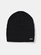 Men Knitted Plus Velvet Solid Color Striped Letter Metal Label Outdoor Warmth Brimless Beanie Hat - Black