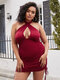 Plus Size Red Halter Drawstring Cross Over Dress - Wine Red
