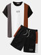 メンズレタープリントニットパッチワーククルーネック半袖ツーピース衣装 - 褐色