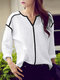 Lässige Bluse mit V-Ausschnitt und langen Ärmeln in Kontrastfarbe für Damen - Weiß
