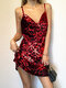 Leopard Print Sleeveless Straps Plus Size Sexy Dress - Wine Red