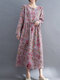 Plus Size Floral Print O-neck Knotted Casual Dress - Pink