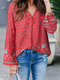Women Allover Floral Print V-neck Long Sleeve Blouse - Red