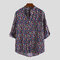 Mens Hit Color Funny Printed Stand Collar Half Sleeve Casual Shirts - Navy