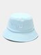 Unisex Cotton Solid Color Smile Face Pattern Embroidery Simple Sunshade Bucket Hat - Light Blue