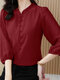 Women Solid Texture Frill Neck Casual 3/4 Sleeve Shirt - Red