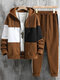 Mens Color Block Patchwork Casual Hooded Two Pieces Outfits Winter - Brown