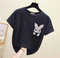 Casual Wild Cute Rabbit Round Neck Embroidery Loose Shirt Female Bamboo Cotton Short-sleeved T-shirt - Black