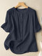 Solid Half Sleeve Stand Collar Button Casual Blouse - Blue