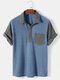 Mens Contrasting Color Patchwork Jacquard Preppy Short Sleeve Henley Shirt - Blue