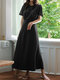 الترفيه الصلبة مرونة الخصر قصيرة الأكمام فستان ماكسي عارضة - أسود