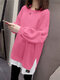 女性パッチワーク裾長袖クルーネックカジュアルスウェットシャツ - ピンク