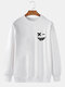 Mens Smile Face Chest Print Crew Neck Pullover Sweatshirts - White