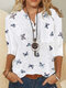 Butterfly Print Long Sleeve Button Stand Collar Women Blouse - White
