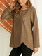 Solid Floral Print Button O-neck Long Sleeve Casual Blouse - Coffee